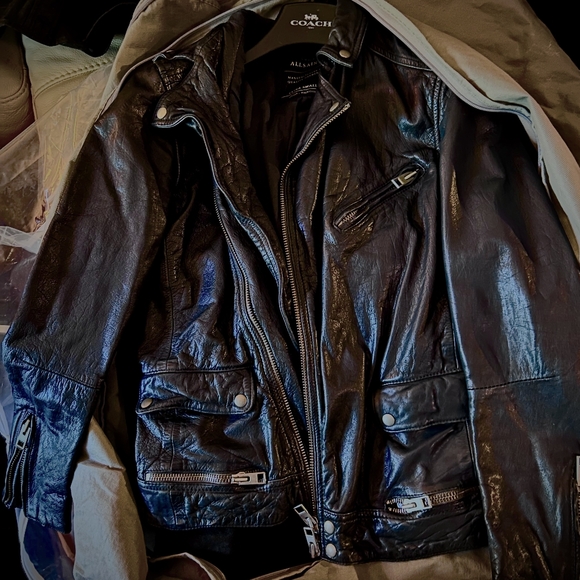 Navy Leather Jacket by All Saints - Picture 2 of 5
